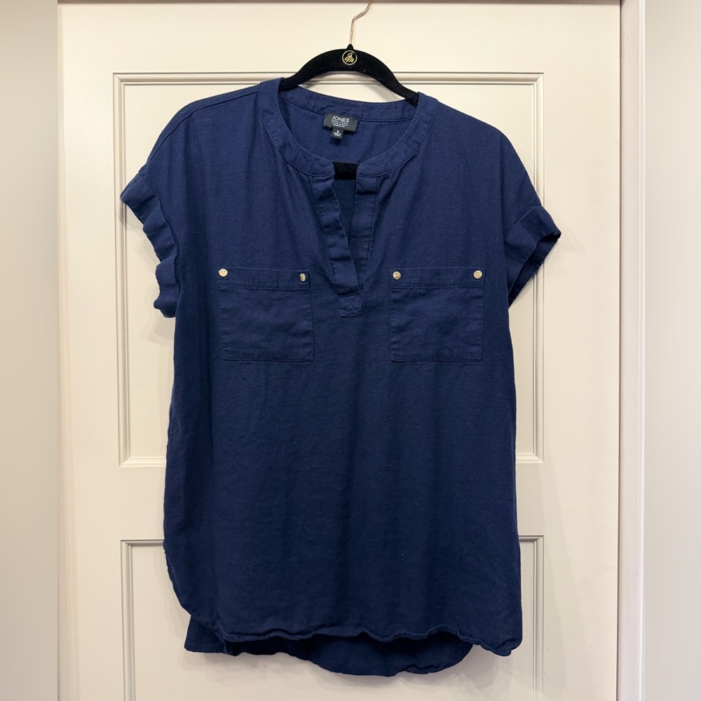 Jones New York Linen Navy Short-Sleeve Split-Neck Pocket Blouse